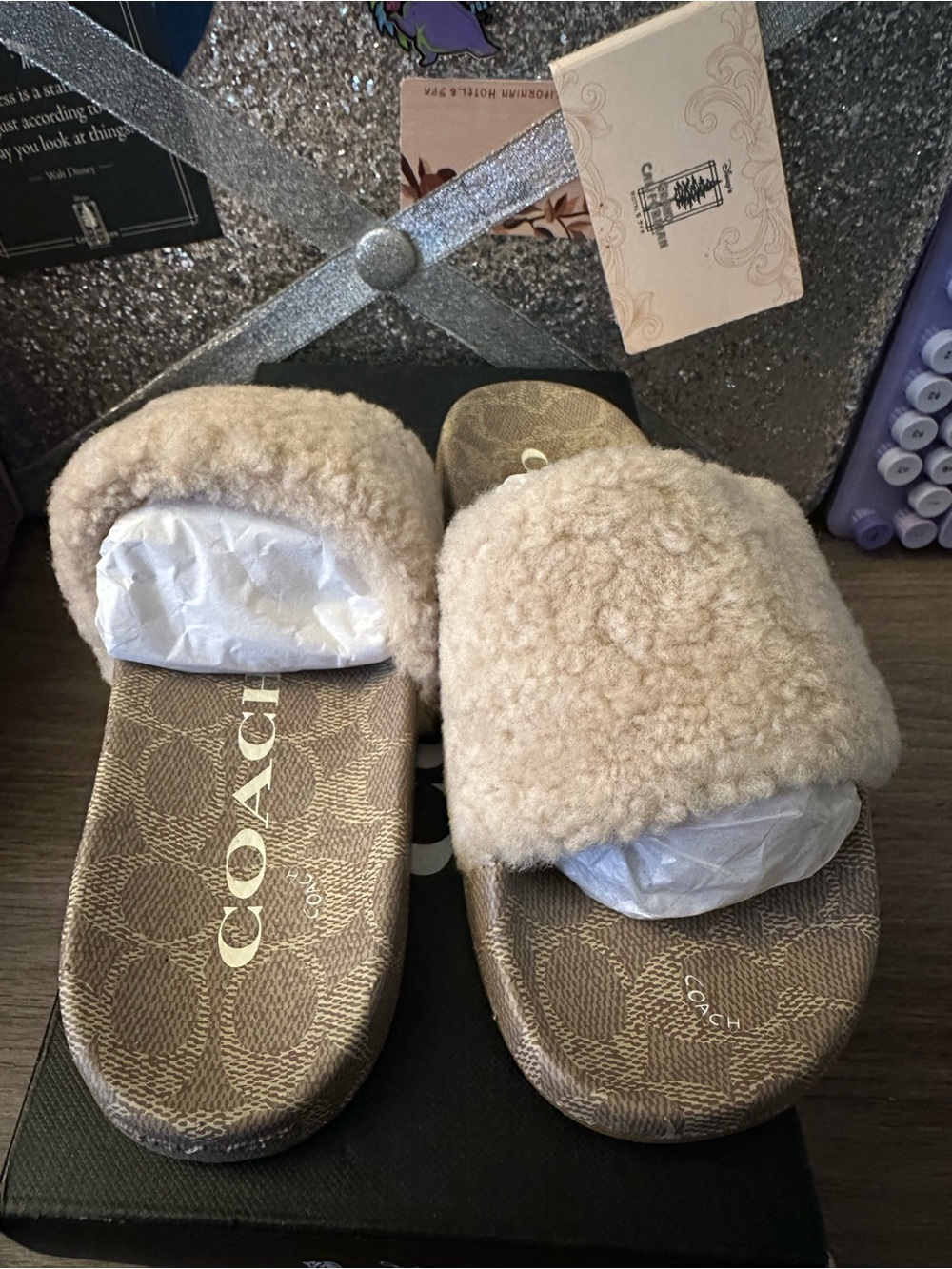 COACH Women's Ulla Shearling Slide Neutral Color Ivory Slip on’s